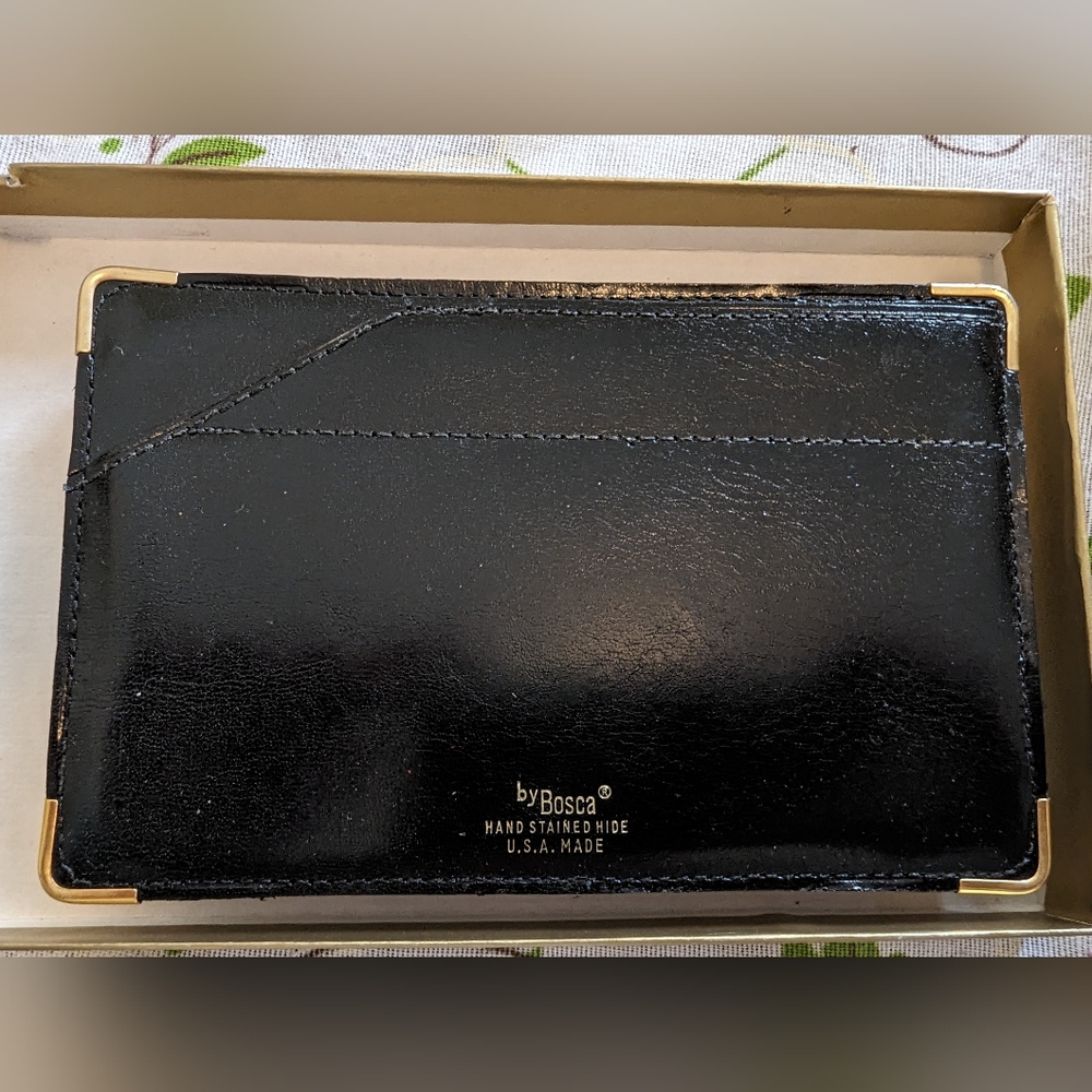 Vintage black leather Bosca card holder/bill holder and to do lists. new withbox
